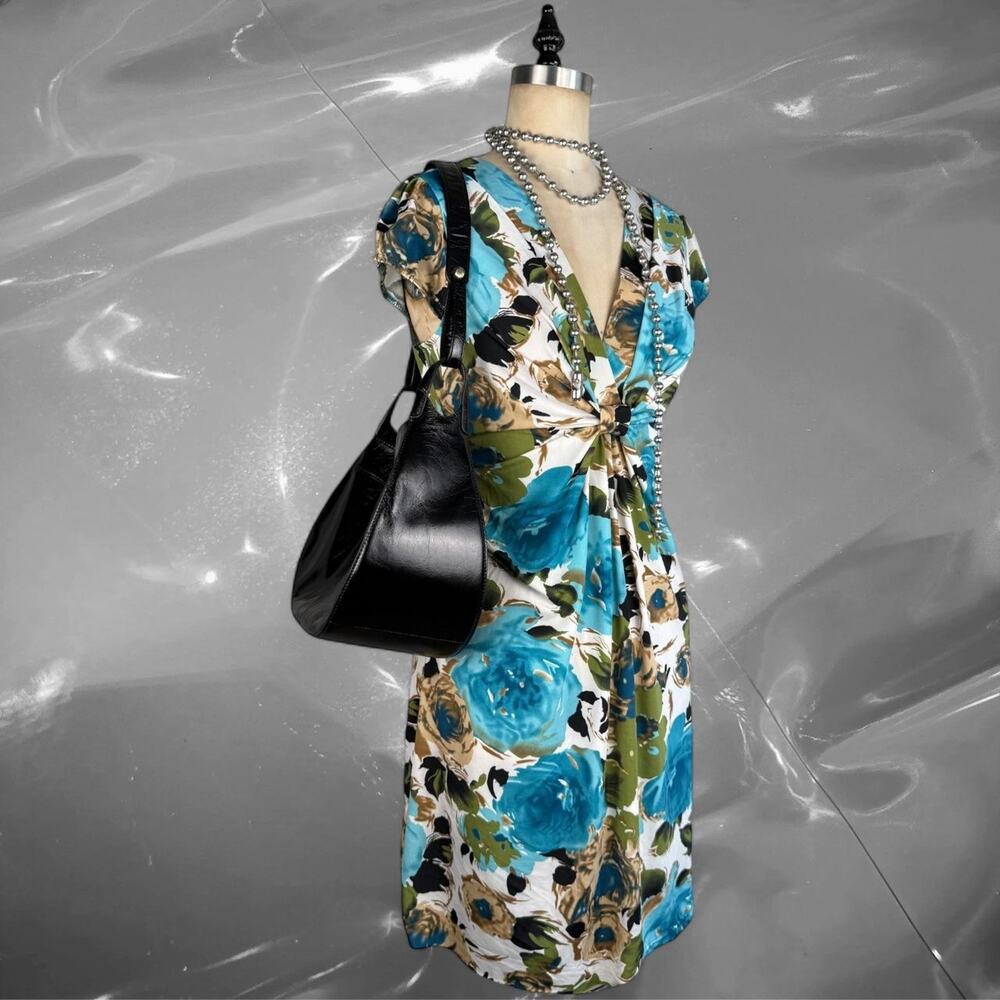 Vintage Anna Sui floral dress Y2K blue green print twist front midi
